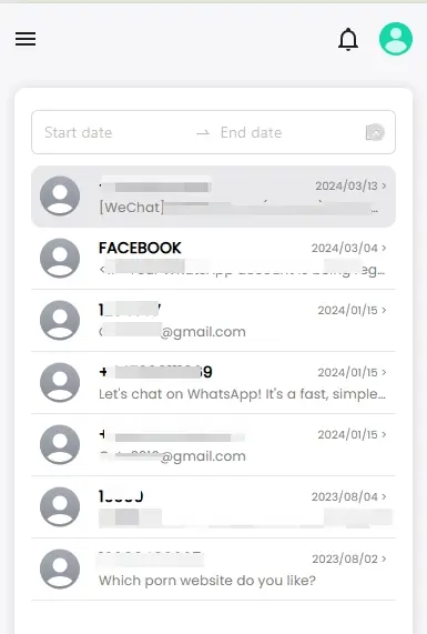 Text messages monitroing interface from Msafely real user dashboard.