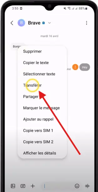 Appuyez longuement sur le message souhaité jusqu’à ce qu’un menu s’affiche.