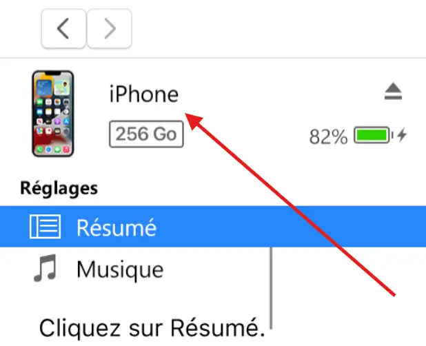 Ouvrez iTunes et sélectionnez l’appareil connecté.