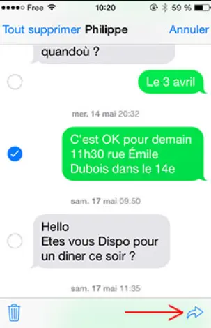 Appuyez sur l’icône en forme de flèche pour transférer le message.