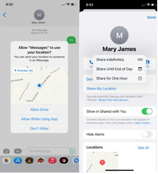 Pantalla de iPhone para compartir ubicación con iMessage