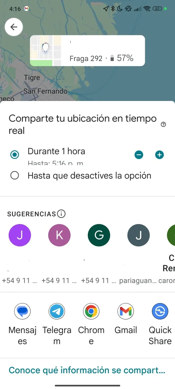 Pantalla de Google Maps con contactos para compartir mi ubicación