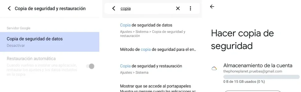 Pantalla de copia de seguridad de Google Drive.