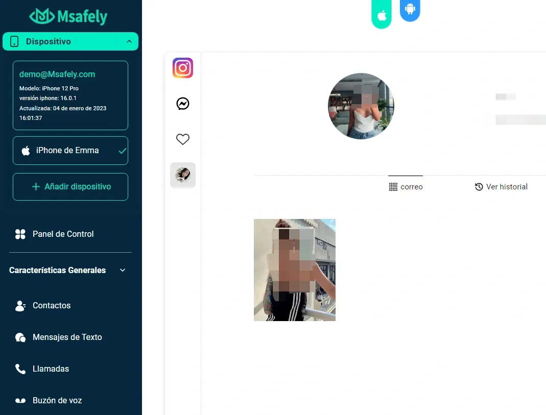 
                               Pantalla de monitorear Instagram con Msafely