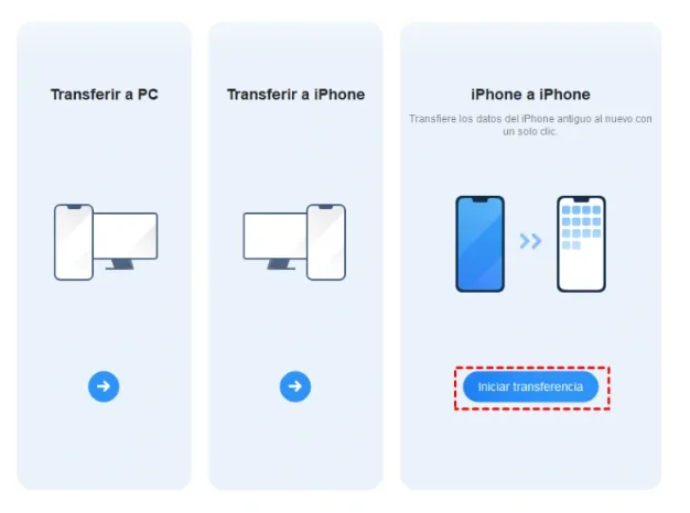 Pantalla de transferencias de iPhone a iPhone.