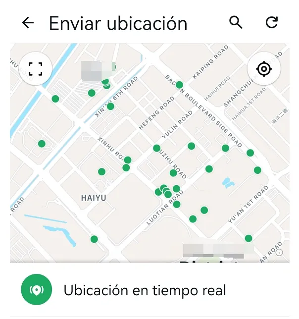 Pantalla de Compartir ubicación en tiempo real.