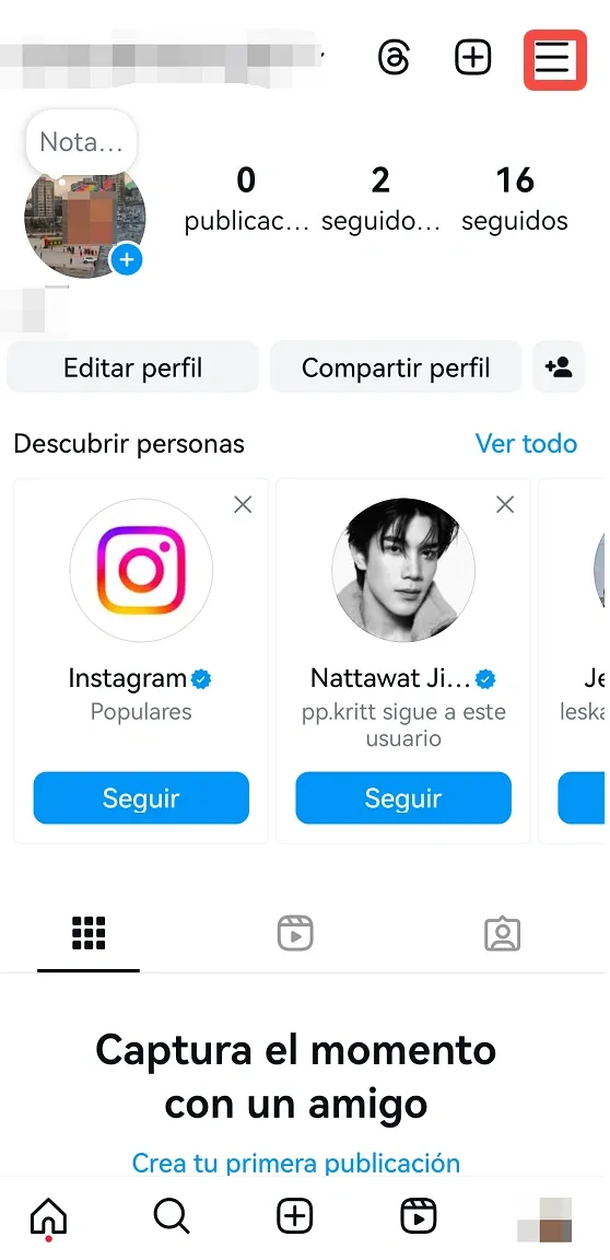 Pantalla de tres líneas horizontales en Instagram.