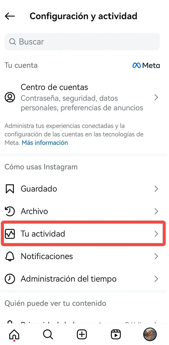 Pantalla de tu actividad en Instagram.