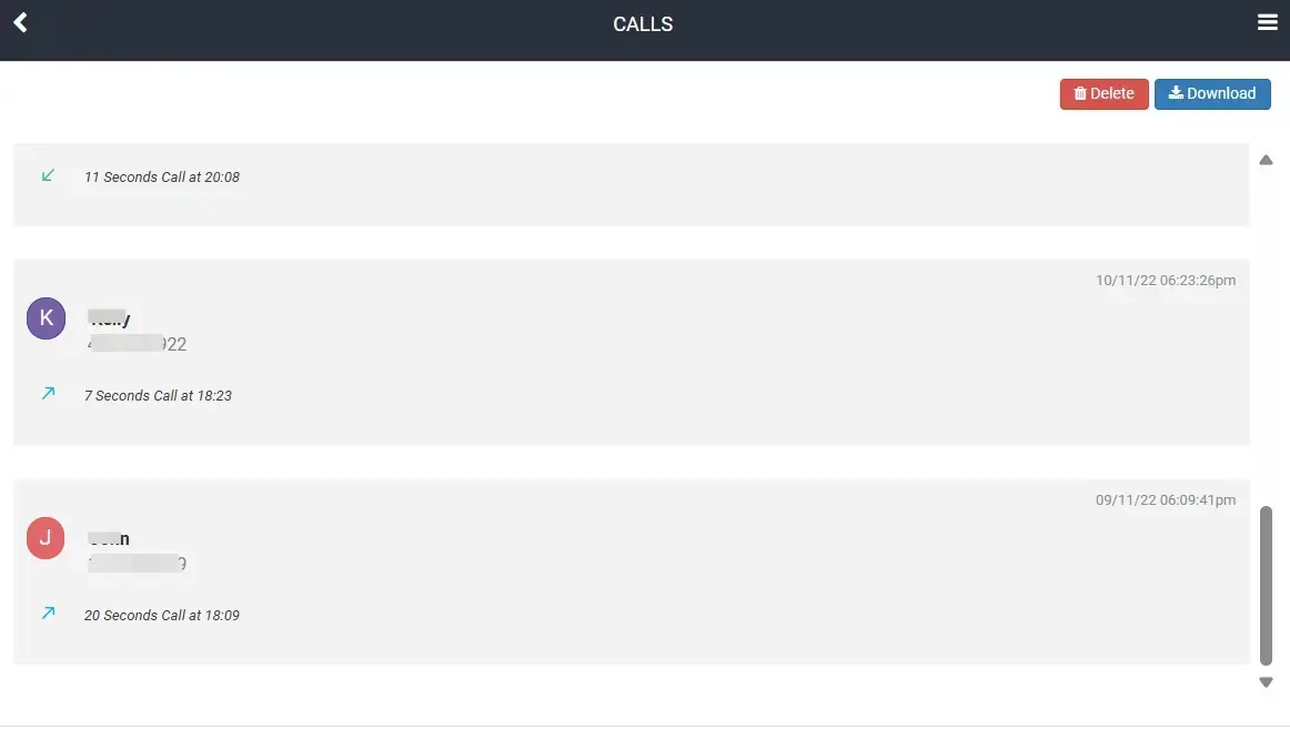 Screenshot of the dashboard of MobiStealth tracking calls.