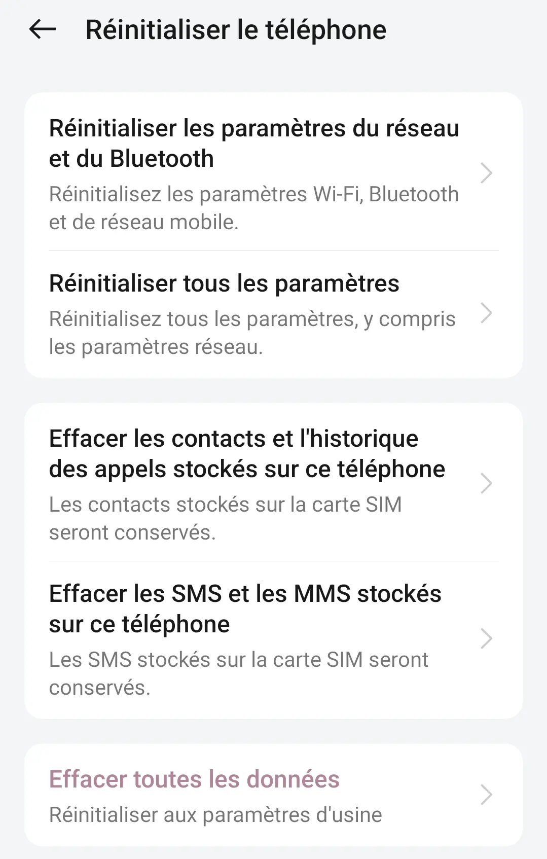 Réinitialisation d’usine du téléphone