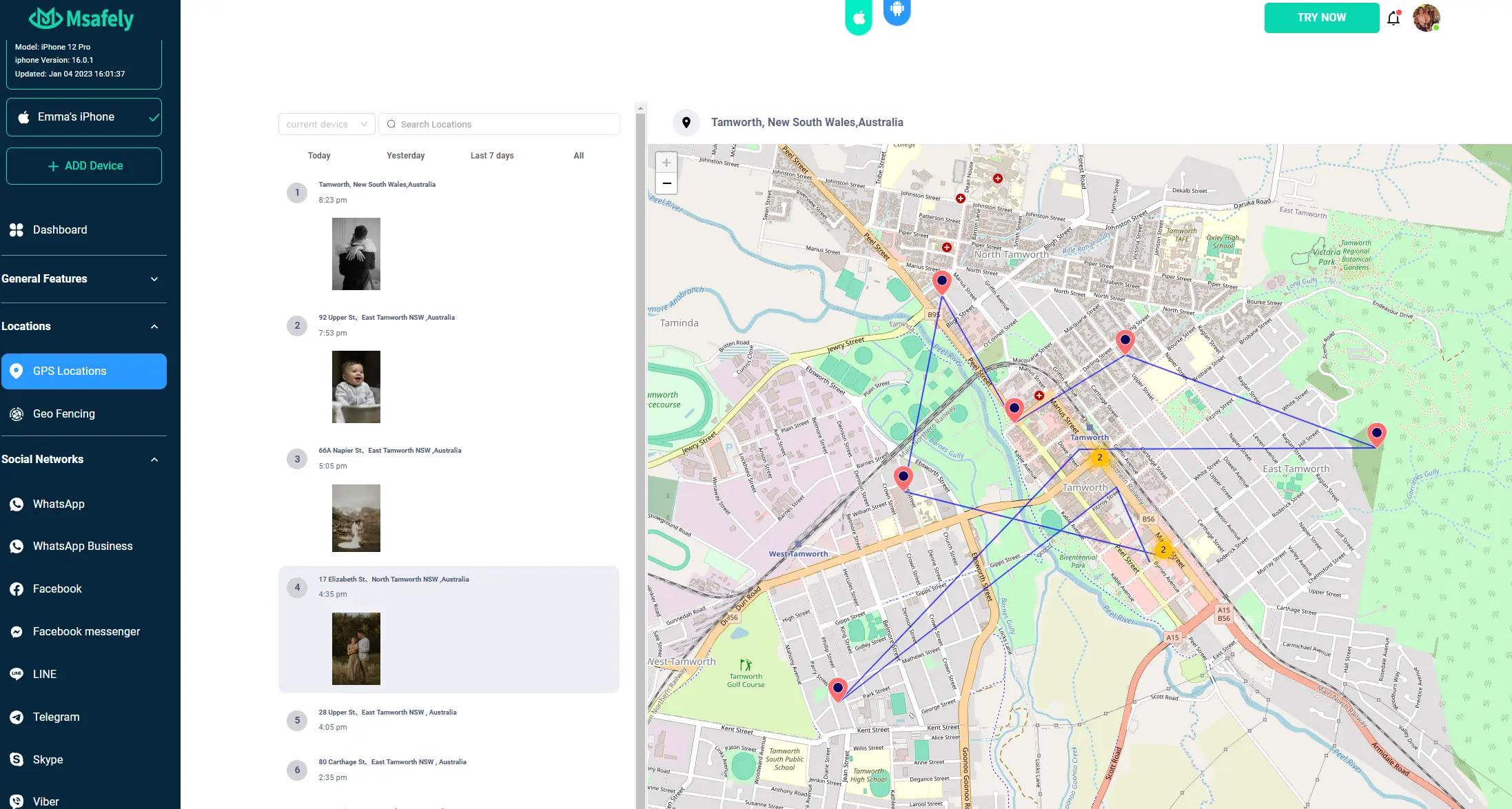 The location tracking demo of Msafely.