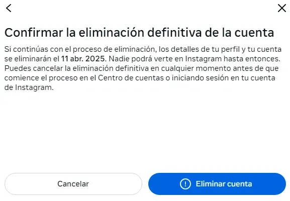    Captura de pantalla de confirmar eliminación de Instagram.