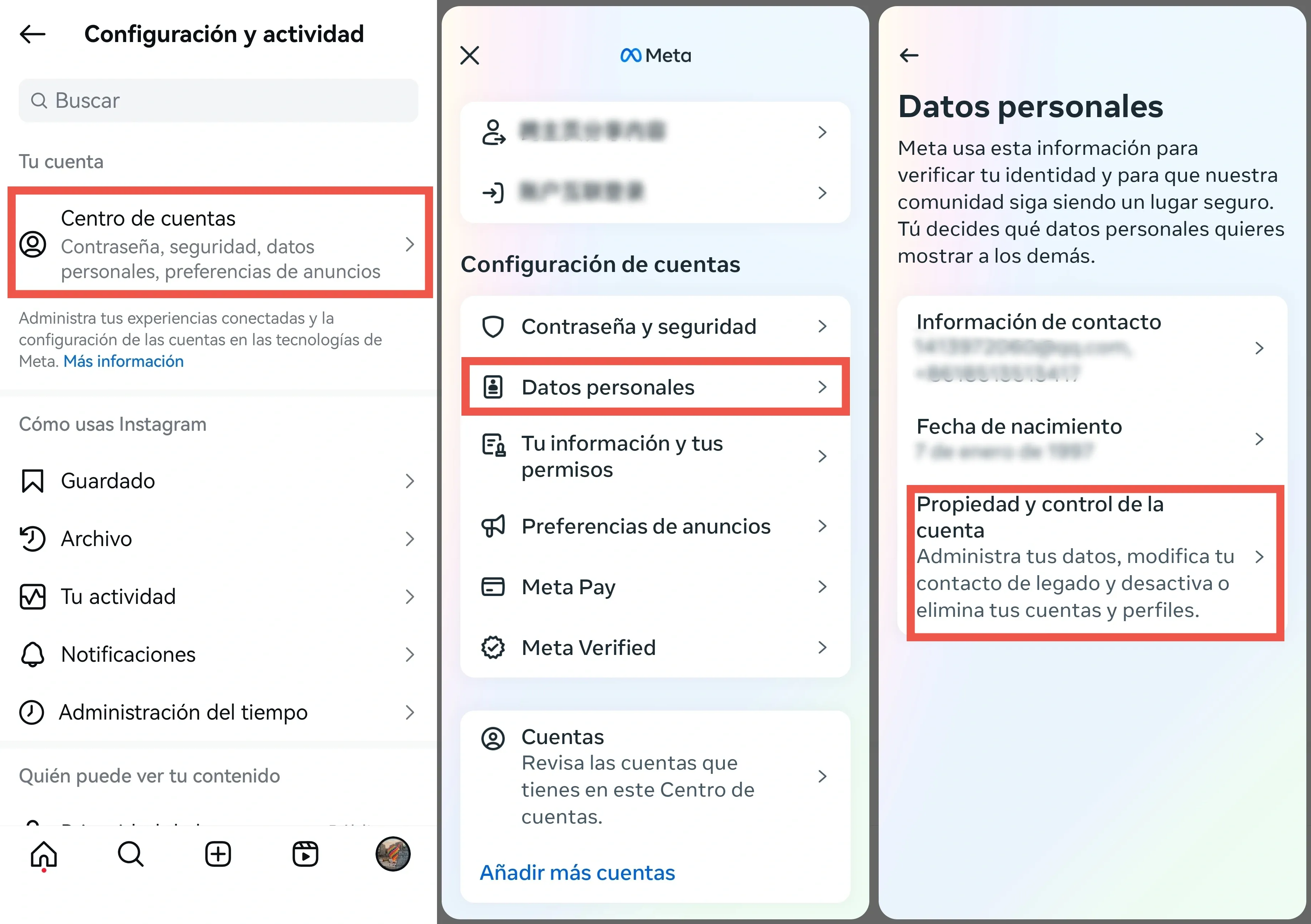    Captura de pantalla de los pasos para eliminar cuenta de Instagram.