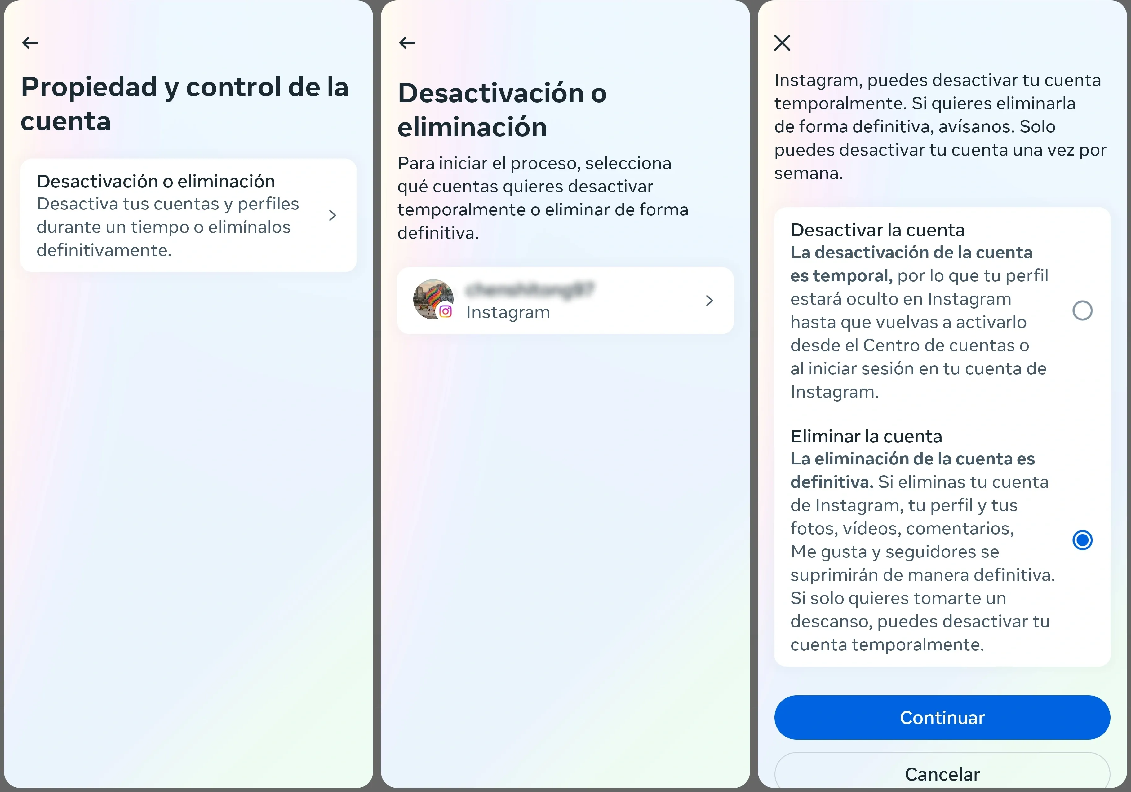    Captura de pantalla de los pasos para eliminar cuenta de Instagram.