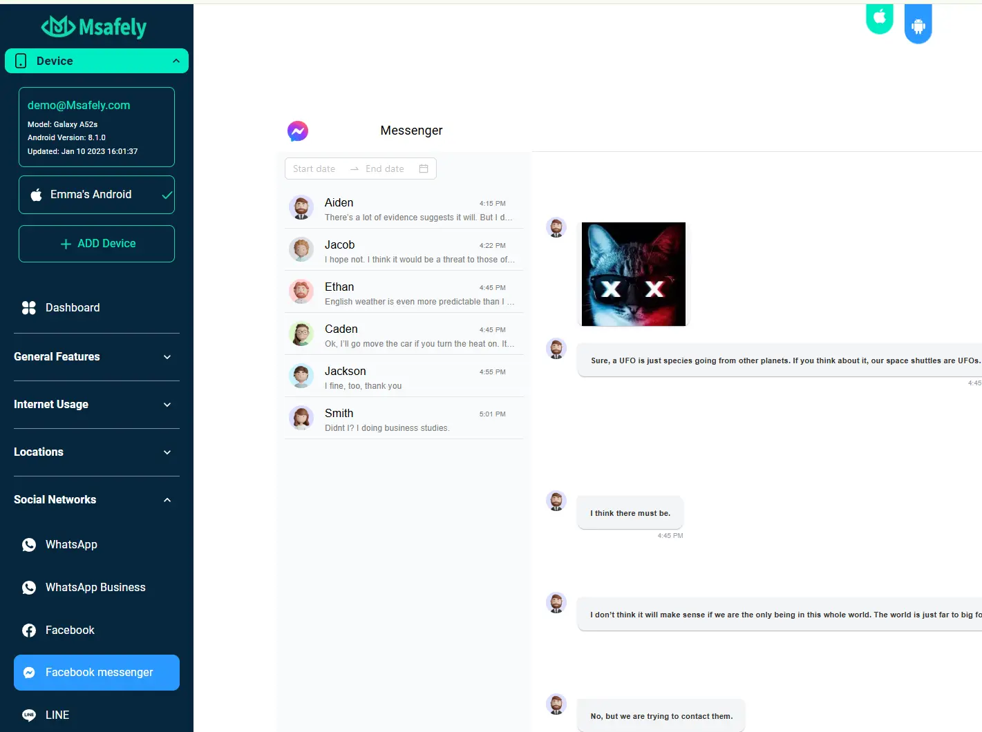 The Msafely demo of Facebook Messenger monitoring.