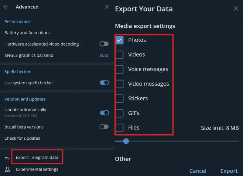 Export your Telegram data.