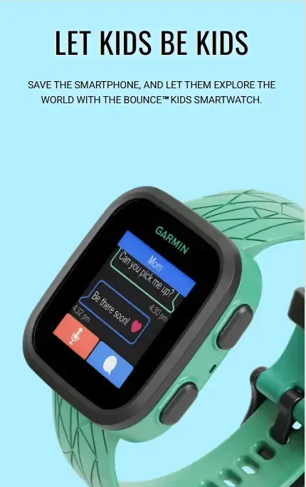 Garmin Bounce smartwatch homepage screenshot.