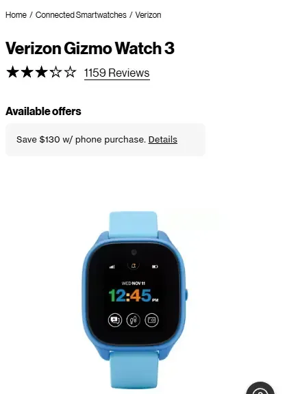 Verizon GizmoWatch 3 homepage screenshot.