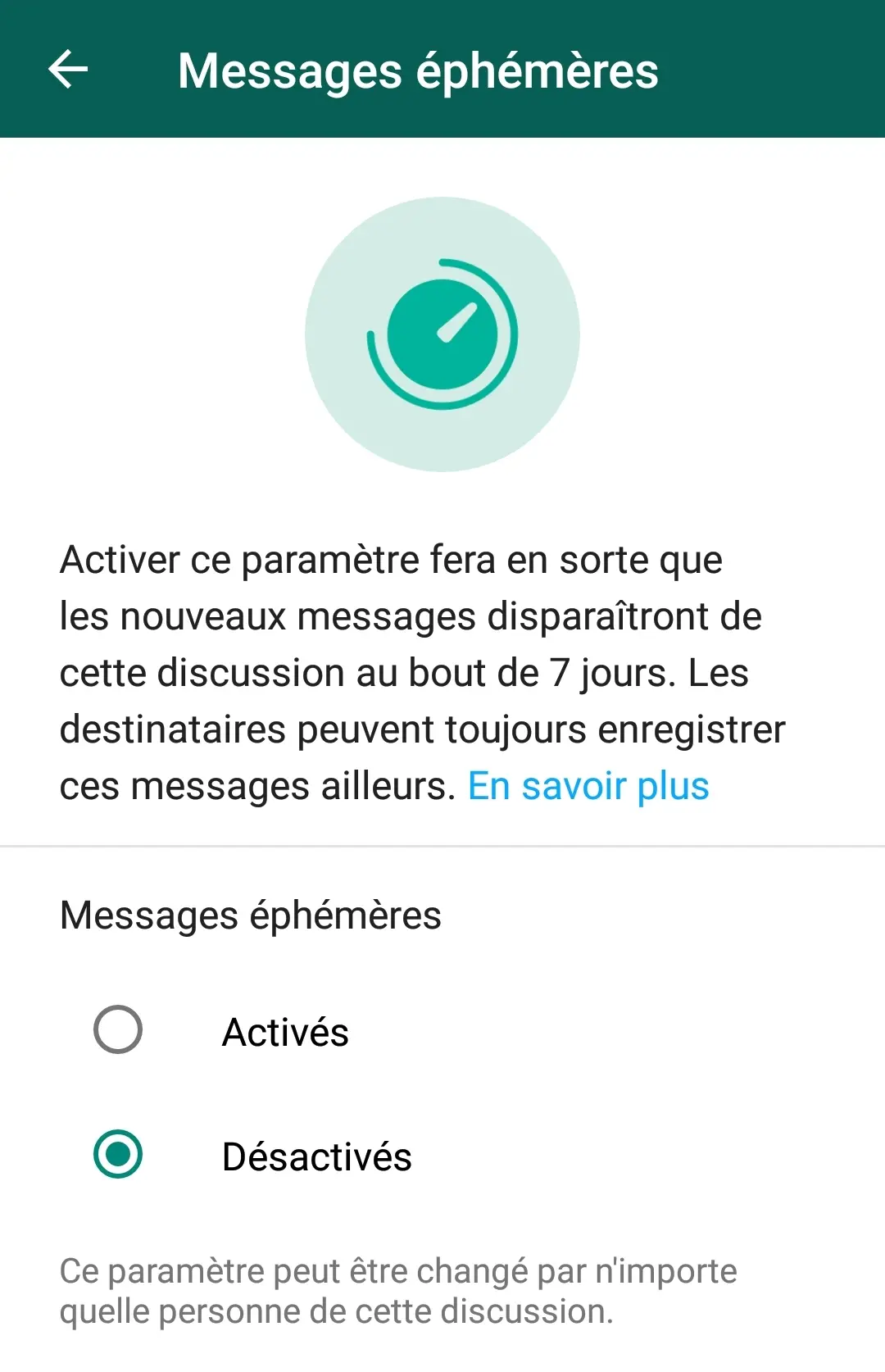 désctiver message éphémère WhatsApp
