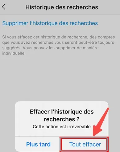 Effacer toute l'historique de recherche Instagram depuis les paramètres