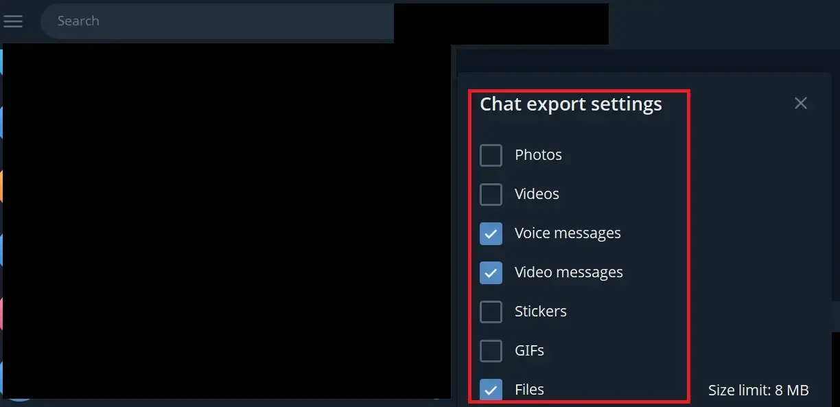 Chat export settings.