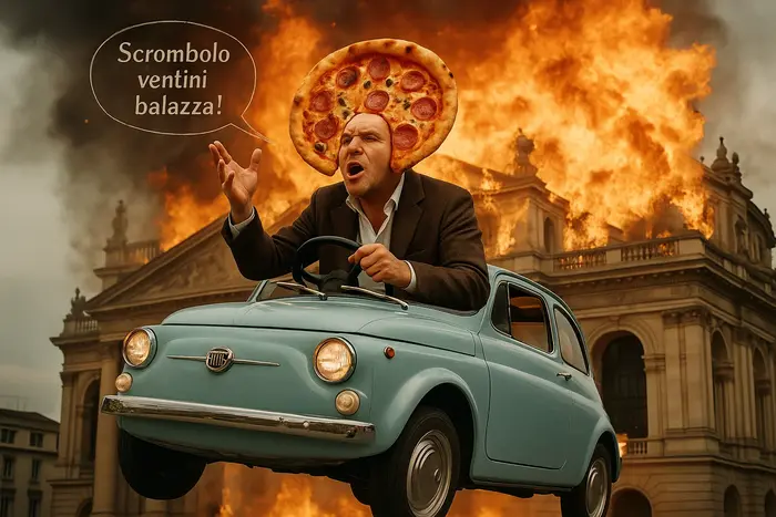 un homme à tête de pizza dans une Fiat volante