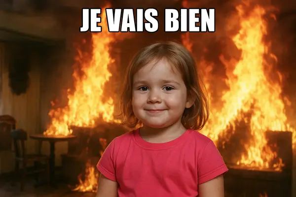 un mème représente un incendie avec un texte disant “je vais bien”