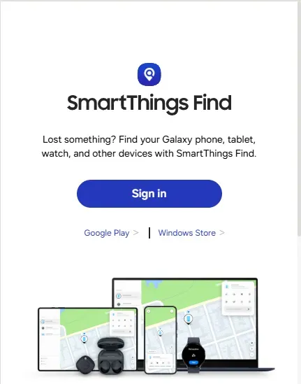 Samsung SmartThings Find homepage screenshot.