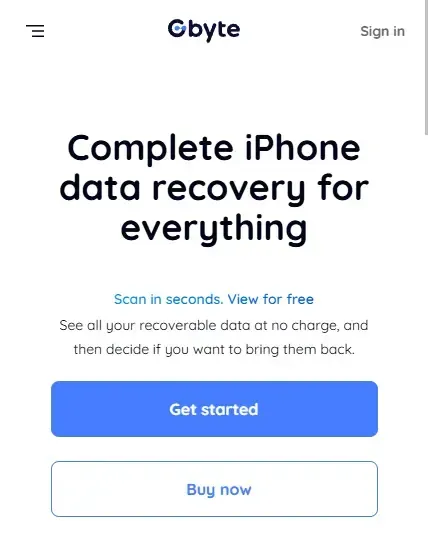 Gbyte iOS Recovery homepage screenshot.